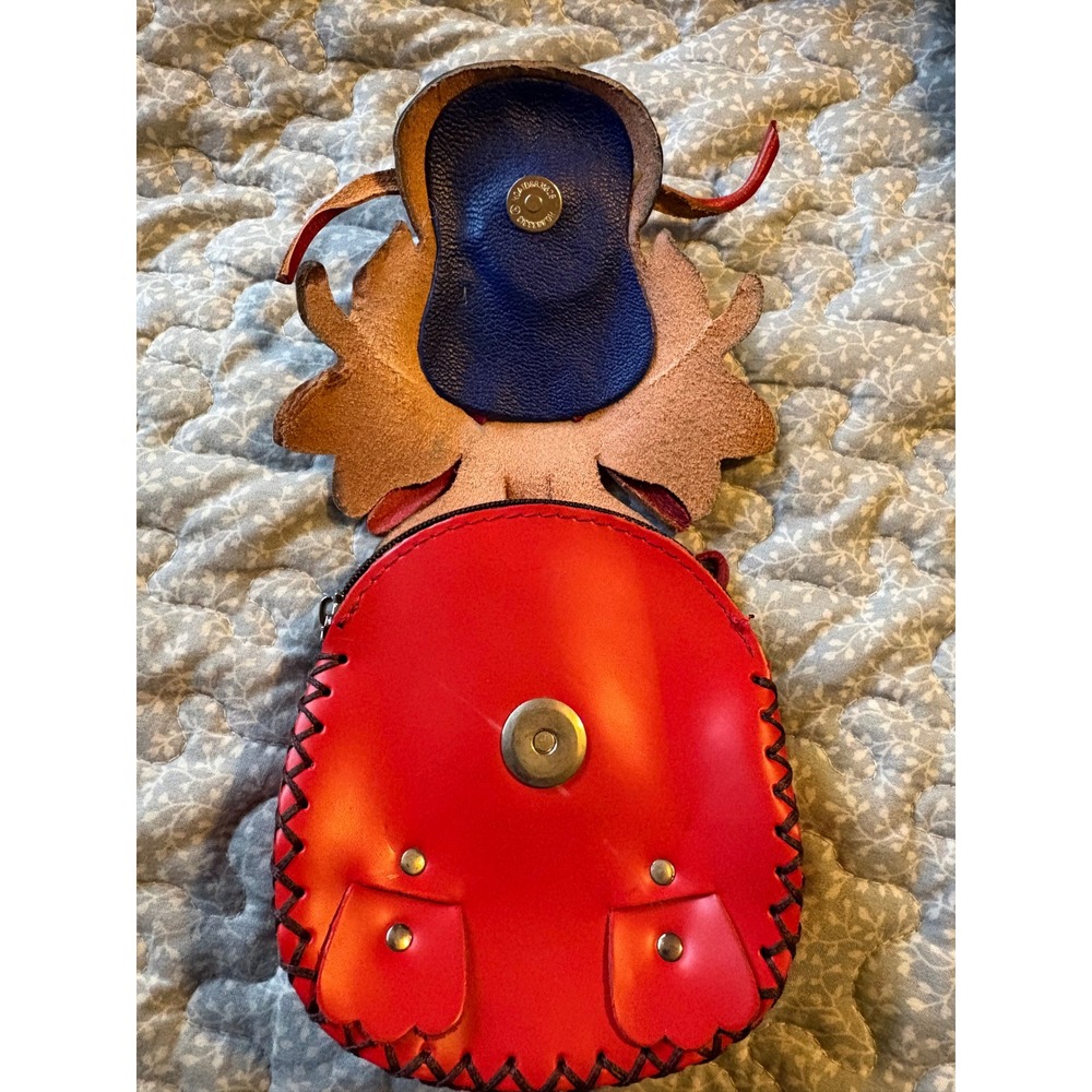 Handmade Leather Dragon Pouch Wristlet Coin Purse Red Navy Blue Whipstitch Small - Picture 4 of 5
